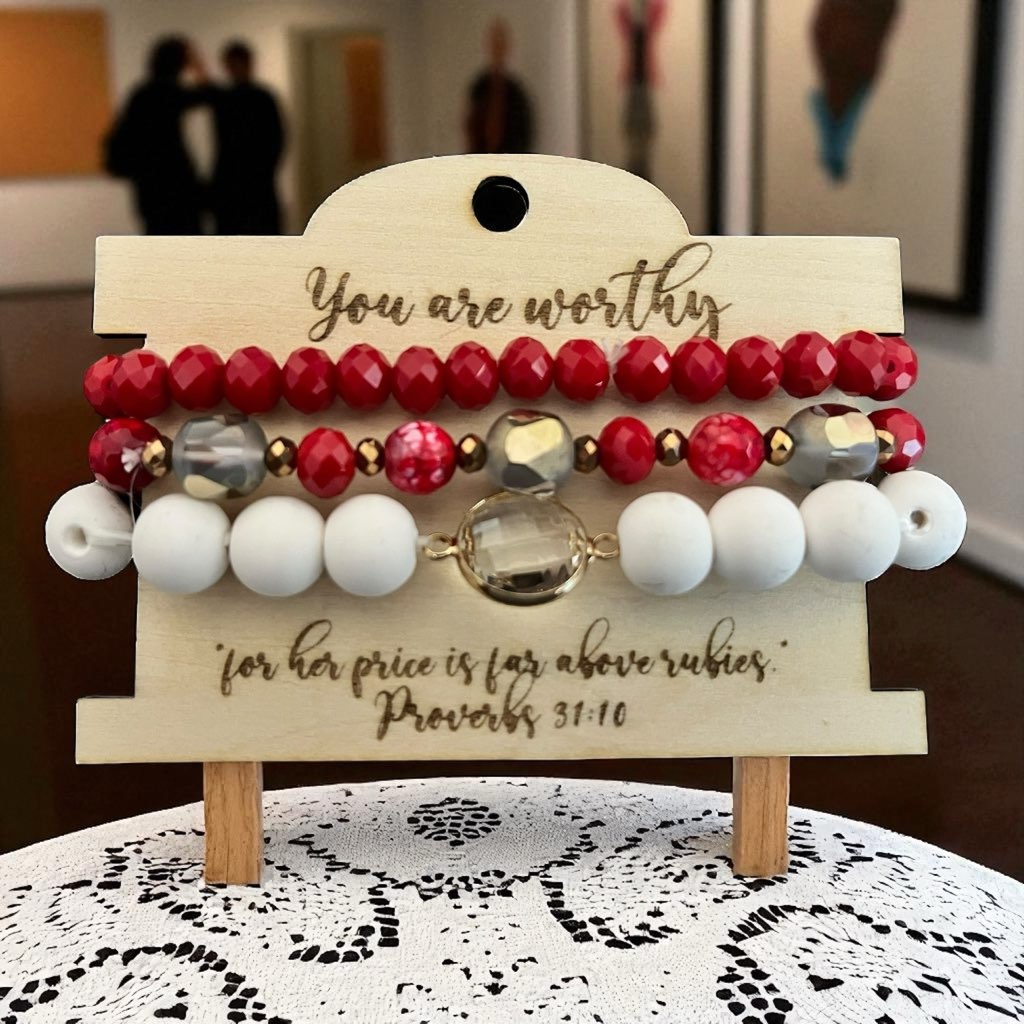 You Are Worthy Stack Bracelet Set with Wooden Engraved Holder